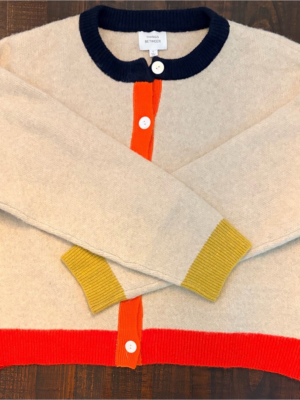 Cream Crewneck Cardigan with Navy, Orange & Mustard Trim